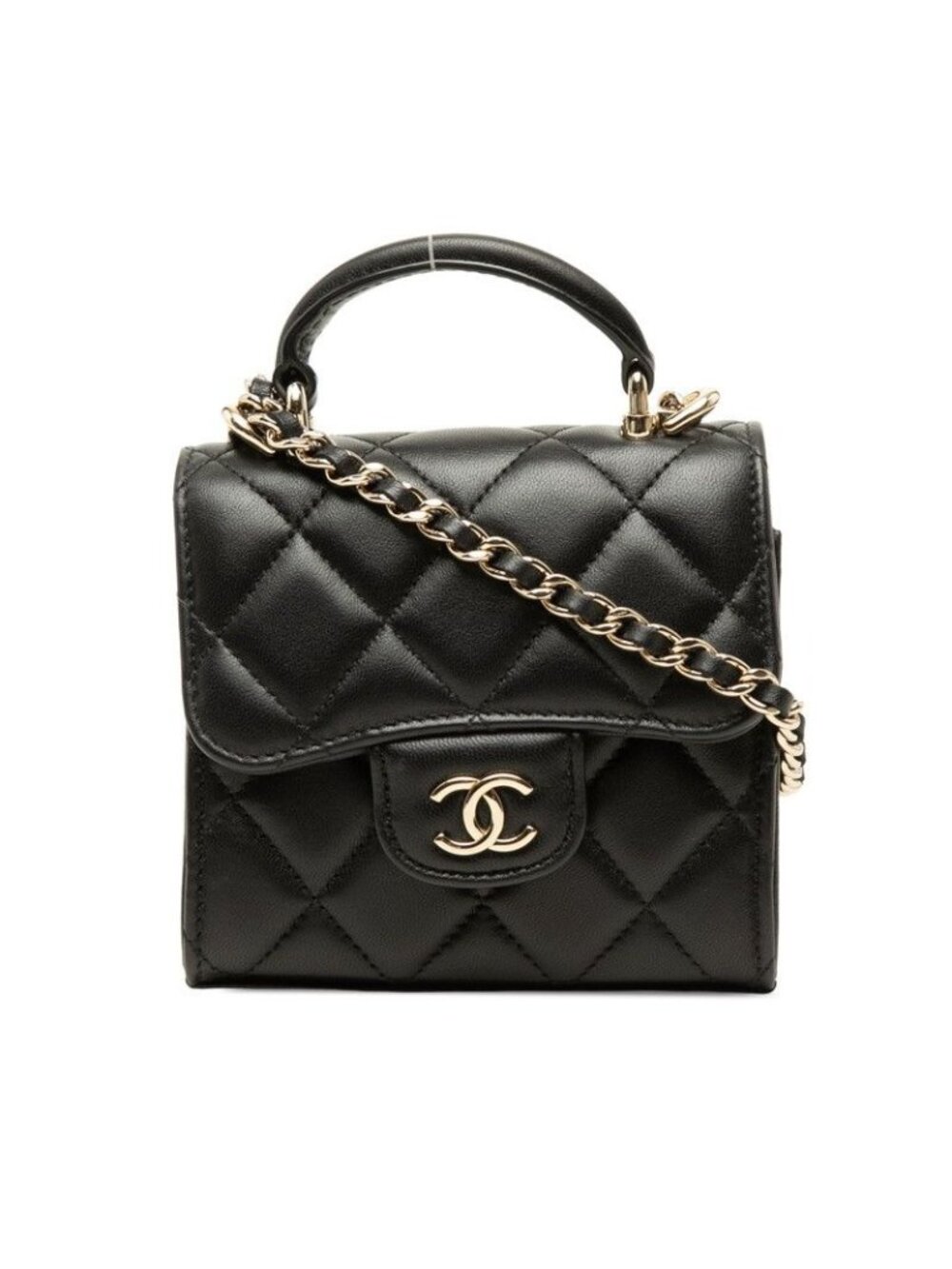 Chanel CC Logo Mini Quilted Chain Shoulder Bag Black Gold Lambskin